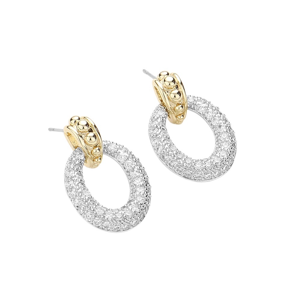Elegant 14K Gold CZ Pave Oval Hoop Earrings Evening Wear